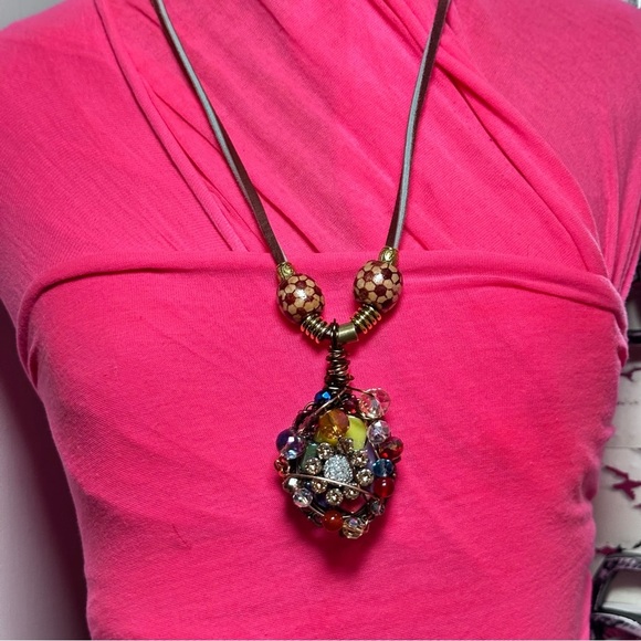 Handmade Pendant Necklace Medallion Glass Crystal Beads Assemblage Art OOAK 0800 - Picture 4 of 13